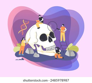 Tiny people examining huge skull of Neanderthal. Persons doing DNA or Paleolithic research in museum, prehistoric fossil flat vector illustration. Anthropology, sociology, history concept for banner