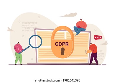 Tiny people examining laptop. General data protection regulation flat vector illustration. GDPR, privacy, protection of personal information concept for banner, website design or landing web page