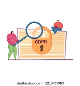 Kleine Leute, die den Laptop untersuchen. Allgemeine Datenschutzregelung flache Vektorgrafik. GDPR, Datenschutz, Schutz personenbezogener Daten Konzept für Banner, Website-Design oder Landung