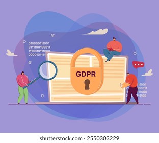 Minúsculas examinando o laptop. Ilustração de vetor plano da regulamentação geral de proteção de dados. GDPR, privacidade, conceito de proteção de informações pessoais para banner, design de site ou página da Web inicial