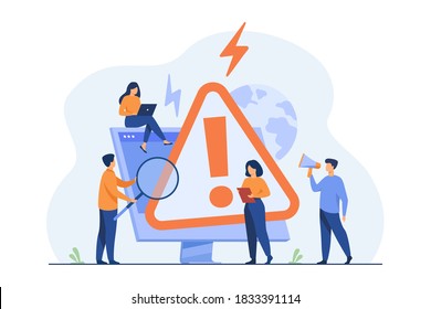 Tiny people examining operating system error warning on web page isolated flat vector illustration. Cartoon mistake and alert on website. Computer diagnostics and digital technology concept - Shutterstock ID 1833391114