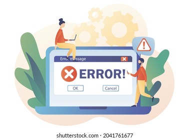 Tiny people examining operating system error warning window on computer. Error message on laptop screen. Modern flat cartoon style. Vector illustration on white background