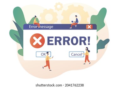 Tiny people examining operating system error warning window. Error message. Modern flat cartoon style. Vector illustration on white background