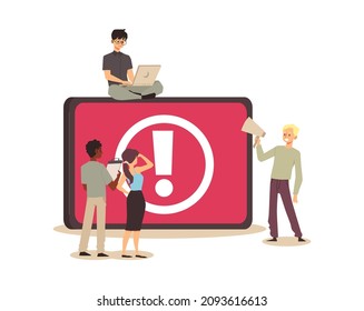 Tiny people examining operating system error warning on website, cartoon vector illustration. System failure template. Under Construction Concept with characters fixing Internet problem.