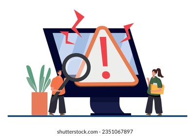 Tiny people examining operating system error notice on web page isolated flat vector illustration. Cartoon error and warning on website. Computer diagnostics and digital technology concept.