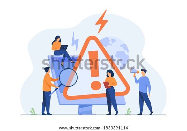 Tiny people examining operating system error\
warning on web page isolated flat vector illustration. Cartoon\
mistake and alert on website. Computer diagnostics and digital\
technology concept