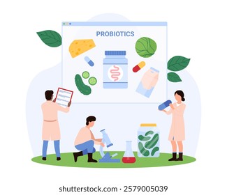 Tiny people exploring benefits of probiotics, focusing on digestive health improvements, researching bacteria for better gut health vector illustration.