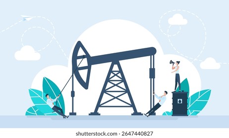 Pequenas pessoas de controle de serviço de manutenção de fábrica. Indústria petrolífera, energia e produção petrolífera. Minúsculas pessoas controlam a extração de petróleo bruto, o trabalho de perfuração de abóbora e oleoduto. Ilustração vetorial