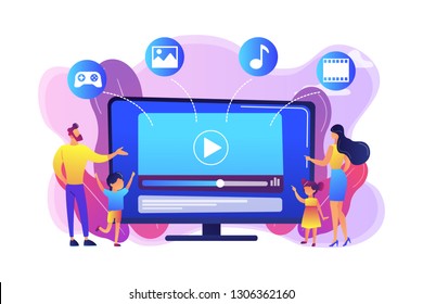 Tiny People Family With Kids Watching Smart Television Content. Smart TV Content, Smart TV Interactive Show, High Resolution Content Concept. Bright Vibrant Violet Vector Isolated Illustration