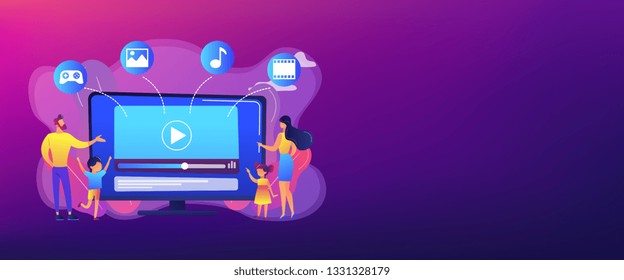 Tiny people family with kids watching smart television content. Smart TV content, smart TV interactive show, high resolution content concept. Header or footer banner template with copy space.