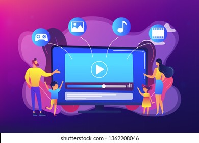 Tiny People Family With Kids Watching Smart Television Content. Smart TV Content, Smart TV Interactive Show, High Resolution Content Concept. Bright Vibrant Violet Vector Isolated Illustration