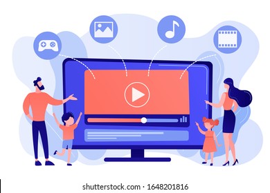 Tiny people family with kids watching smart television content. Smart TV content, smart TV interactive show, high resolution content concept. Pinkish coral bluevector isolated illustration