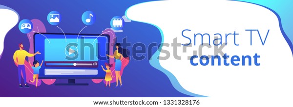 Tiny people family with kids watching smart\
television content. Smart TV content, smart TV interactive show,\
high resolution content concept. Header or footer banner template\
with copy space.