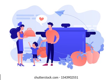 Tiny people family waiting for wife in apron cook tasty food and big pot, vegetables. Home cooking, home foods recipes, family time activity concept. Pinkish coral bluevector isolated illustration