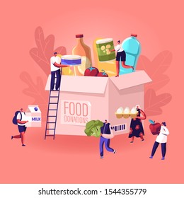 Tiny People Filling Cardboard Donation Box with Different Food and Products for Help to Poor People in Shelter, Support Social Care, Volunteering and Charity Concept. Cartoon Flat Vector Illustration