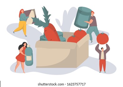 Tiny People Filling Cardboard Donation Box with Different Food and Products for Help to Poor People in Shelter, Support Social Care, Volunteering and Charity Concept.