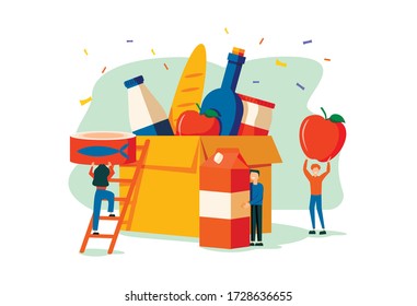 Tiny People Filling Cardboard Donation Box with Different Food and Products for Help to Poor People in Shelter, Support Social Care, Volunteering and Charity Concept. Cartoon Flat Vector Illustration