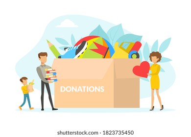 Tiny People Filling Huge Cardboard Box with Food, Clothes, Books and Toys, Social support and Donation, Volunteering and Charity Concept Flat Vector Illustration