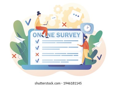 Tiny people filling online survey form on laptop. Online survey concept. Feedback service. Internet surveying, questionnaire, customers voting. Modern flat cartoon style. Vector illustration