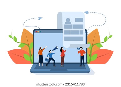 Tiny people filling out forms, modern concept for web banners, infographics, websites, print products, filling out resumes, hiring employees, flat vector illustration.