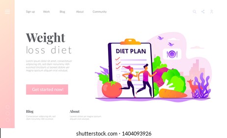 Tiny people fit couple training, nutrition control, diet plan and vegetables. Weight loss diet, low-carb diet, healthy meal food concept. Website homepage header landing web page template.