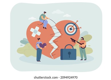 Tiny people fixing broken heart. Heart of vulnerable and sensitive person after breaking up flat vector illustration. Relationship, love, emotions concept for banner, website design or landing page