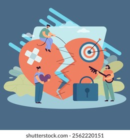 Tiny people fixing broken heart. Heart of vulnerable and sensitive person after breaking up flat vector illustration. Relationship, love, emotions concept for banner, website design or landing page