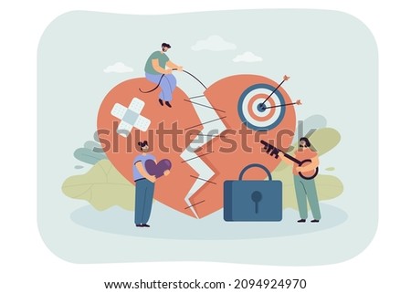 Tiny people fixing broken heart. Heart of vulnerable and sensitive person after breaking up flat vector illustration. Relationship, love, emotions concept for banner, website design or landing page