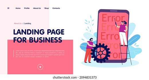 Tiny people fixing phone application errors. Female character with screwdriver on ladder, woman with gear flat vector illustration. Software development, programming concept for banner, website design