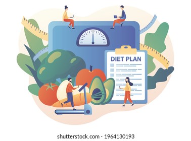 Tiny people follow diet plan with healthy food with vegetables, fruit and physical activity. Nutrition diet. Nutritionist online. Modern flat cartoon style. Vector illustration on white background