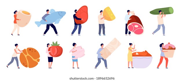 Tiny people with food. Flat foods, friends cooking garden vegetables. Female eating and products preparation, healthy dish utter vector concept