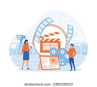 Tiny people footage editing and making multimedia content production. flat vector modern illustration 