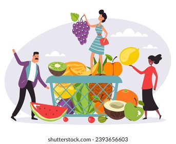 Pequeñas personas con el concepto de frutas y bayas. Ilustración de diseño gráfico plano vectorial