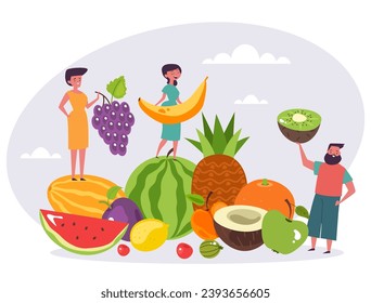 Tiny people with fruits and berries concept. Vector flat graphic design illustration