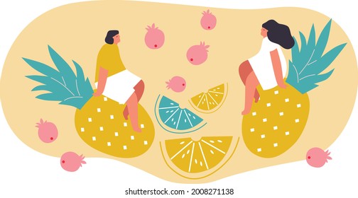Tiny people and fruits cartoon vector illustration. Man, woman and berries, summer harvest. Healthy eating, cooking vegetarian food and dieting concept. Summer time. 