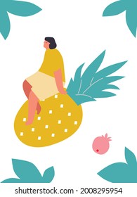 Tiny people and fruits cartoon vector illustration. Healthy eating, cooking vegetarian food and dieting concept. People and berries, summer harvest. Summer time. 