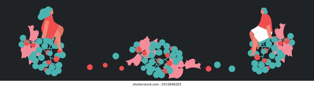 Tiny people and fruits cartoon vector illustration. Man, woman and berries, summer harvest. Healthy eating, cooking vegetarian food and dieting concept. Summer time.