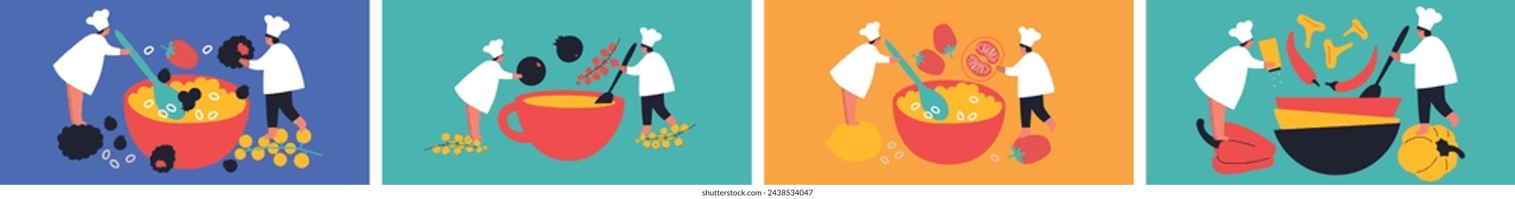 Tiny people and fruits cartoon vector illustration. Healthy eating, cooking vegetarian food and dieting concept. People and berries, summer harvest. Summer time.	