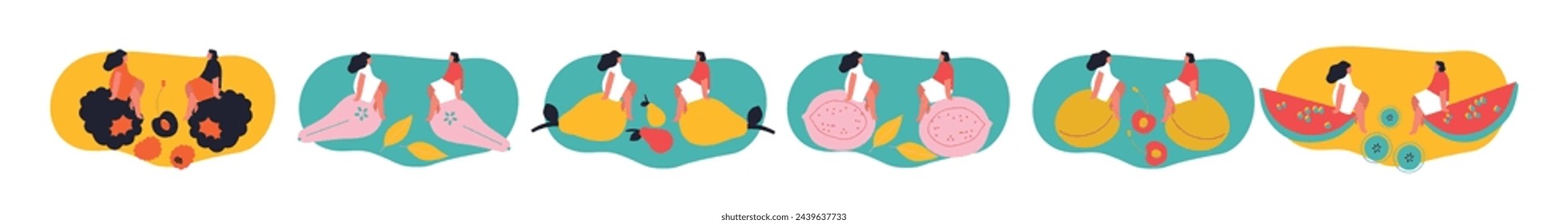Tiny people and fruits cartoon vector illustration. Healthy eating, cooking vegetarian food and dieting concept. People and berries, summer harvest. Summer time.	

