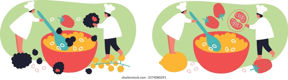 Tiny people and fruits cartoon vector illustration. Healthy eating, cooking vegetarian food and dieting concept. People and berries, summer harvest. Summer time.