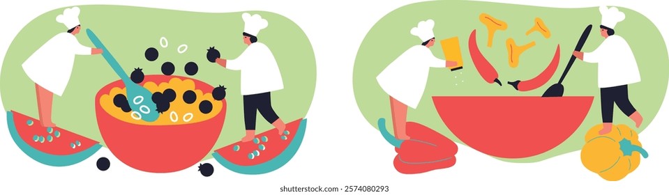 Tiny people and fruits cartoon vector illustration. Healthy eating, cooking vegetarian food and dieting concept. People and berries, summer harvest. Summer time.