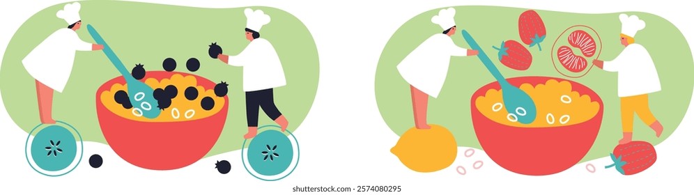 Tiny people and fruits cartoon vector illustration. Healthy eating, cooking vegetarian food and dieting concept. People and berries, summer harvest. Summer time.