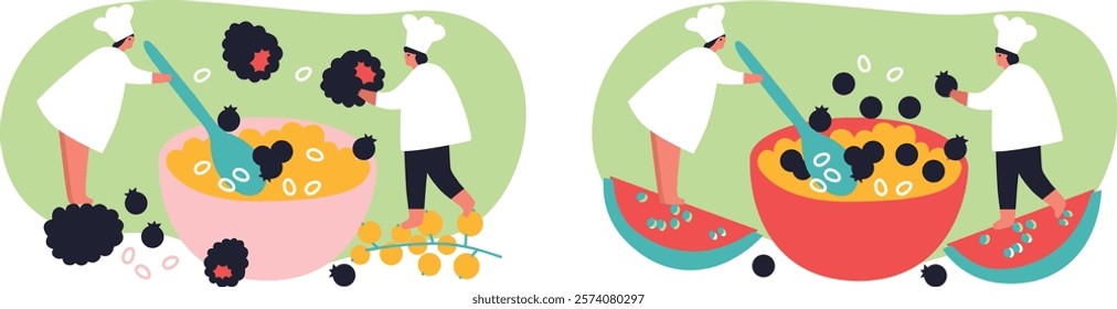 Tiny people and fruits cartoon vector illustration. Healthy eating, cooking vegetarian food and dieting concept. People and berries, summer harvest. Summer time.