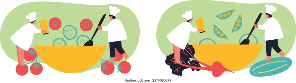 Tiny people and fruits cartoon vector illustration. Healthy eating, cooking vegetarian food and dieting concept. People and berries, summer harvest. Summer time.