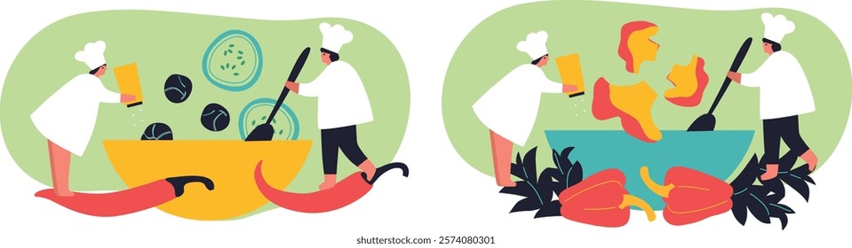 Tiny people and fruits cartoon vector illustration. Healthy eating, cooking vegetarian food and dieting concept. People and berries, summer harvest. Summer time.