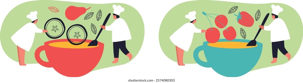 Tiny people and fruits cartoon vector illustration. Healthy eating, cooking vegetarian food and dieting concept. People and berries, summer harvest. Summer time.