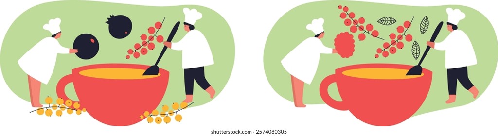 Tiny people and fruits cartoon vector illustration. Healthy eating, cooking vegetarian food and dieting concept. People and berries, summer harvest. Summer time.