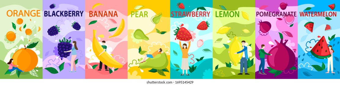 Tiny people with fruits vector illustration. Cartoon girl boy character holding healthy juice food, orange, blackberry, banana. Strawberry, watermelon, fruity summer advertising poster vertical set