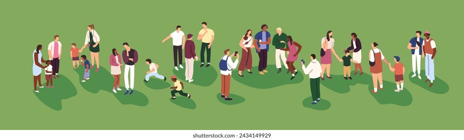 Tiny people fun, dance on open air festival. Families spends time together in park. Crowd stands on grass in public place. Summer holiday event on horizontal background. Flat vector illustration