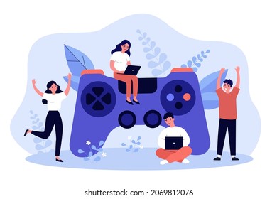 Pequeñas personas con juegos de gamepad jugando videojuegos en la consola. Jugadores macho y hembra juegan ilustración vectorial plana. Entretenimiento, concepto de gamificación para banner, diseño de sitios web o página web de aterrizaje